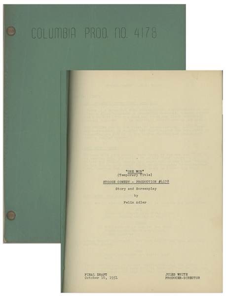 Moe Howards 21pp. Script Dated October 1951 for The Three Stooges Film Corny Casanovas, Working Title One Won -- With Annotations in Moes Hand -- Very Good Condition